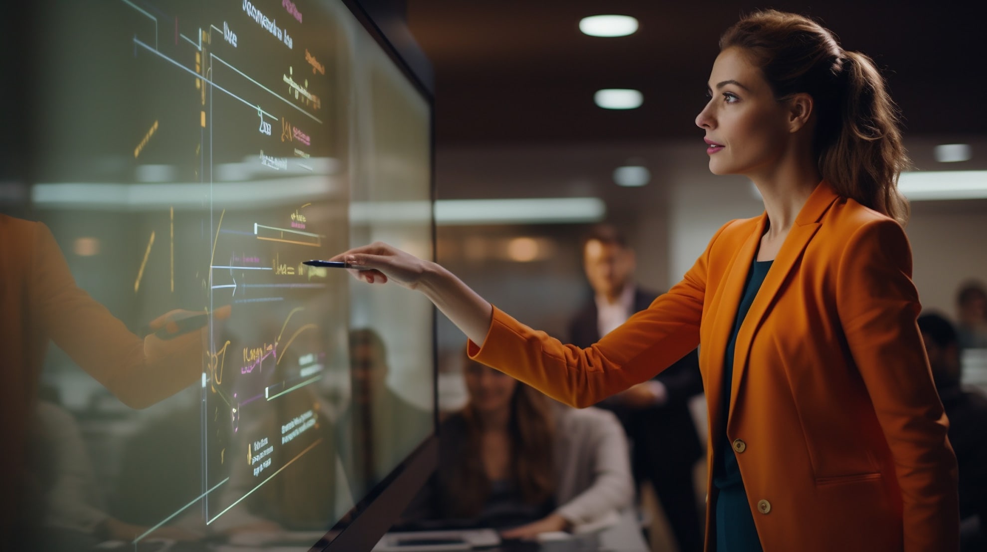 Professionista che presenta un progetto su una lavagna digitale